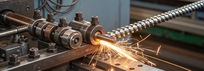 Metal wire being formed into bolt heads by a cold heading machine on a fastener production line.