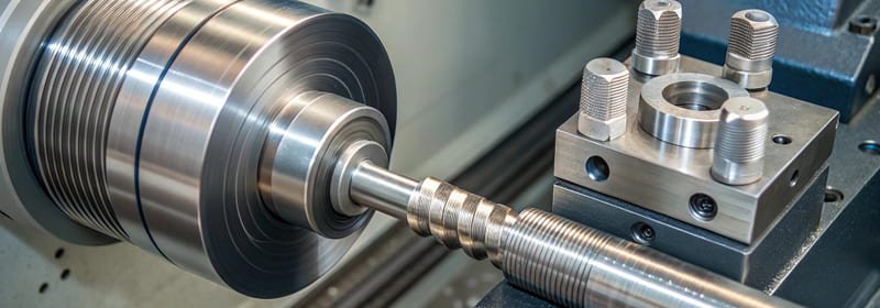 CNC lathe machining metal bar with cutting tools, forming threads and grooves for fastener parts.