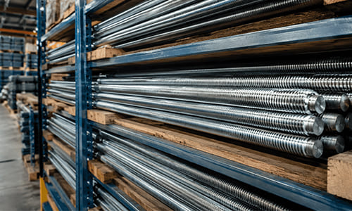 long threaded rods stored in a warehouse rack