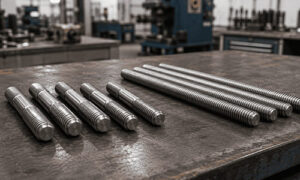 stud bolts and threaded rods on an industrial workbench