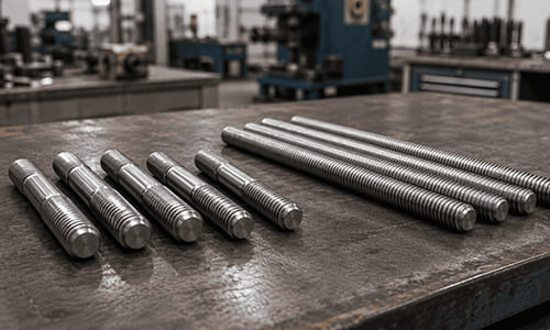 stud bolts and threaded rods on an industrial workbench